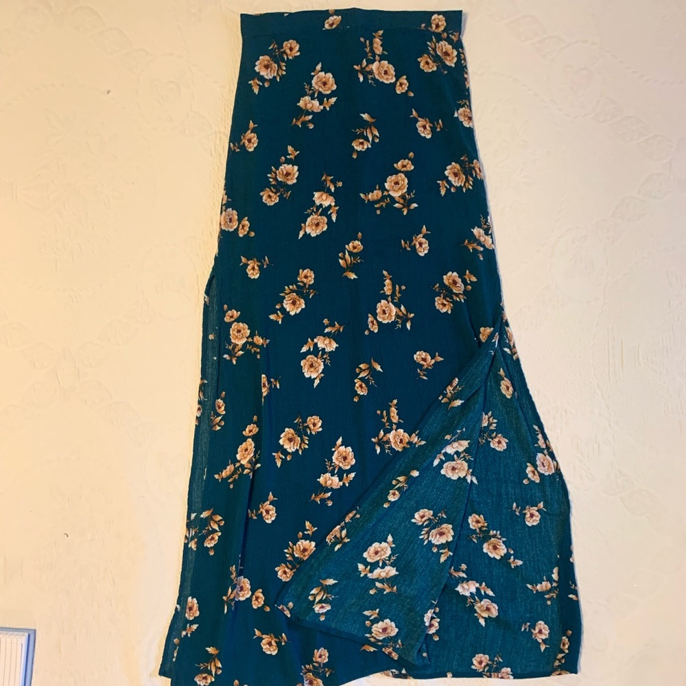 Lightweight Double Slit Floral Dark Teal Maxi Skirt S/XS